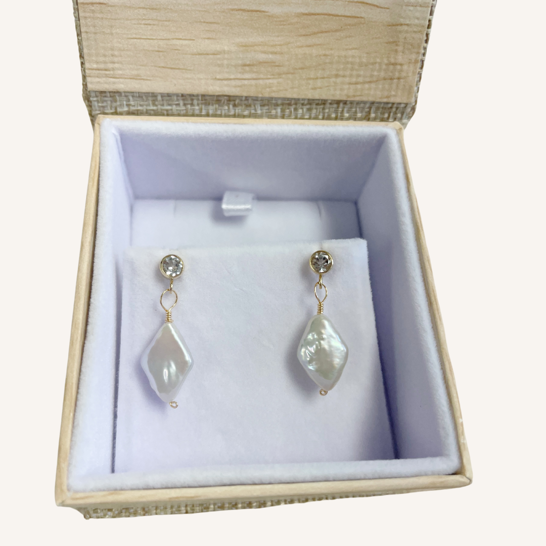 White Topaz and Diamond Shaped Freshwater Pearl Earrings