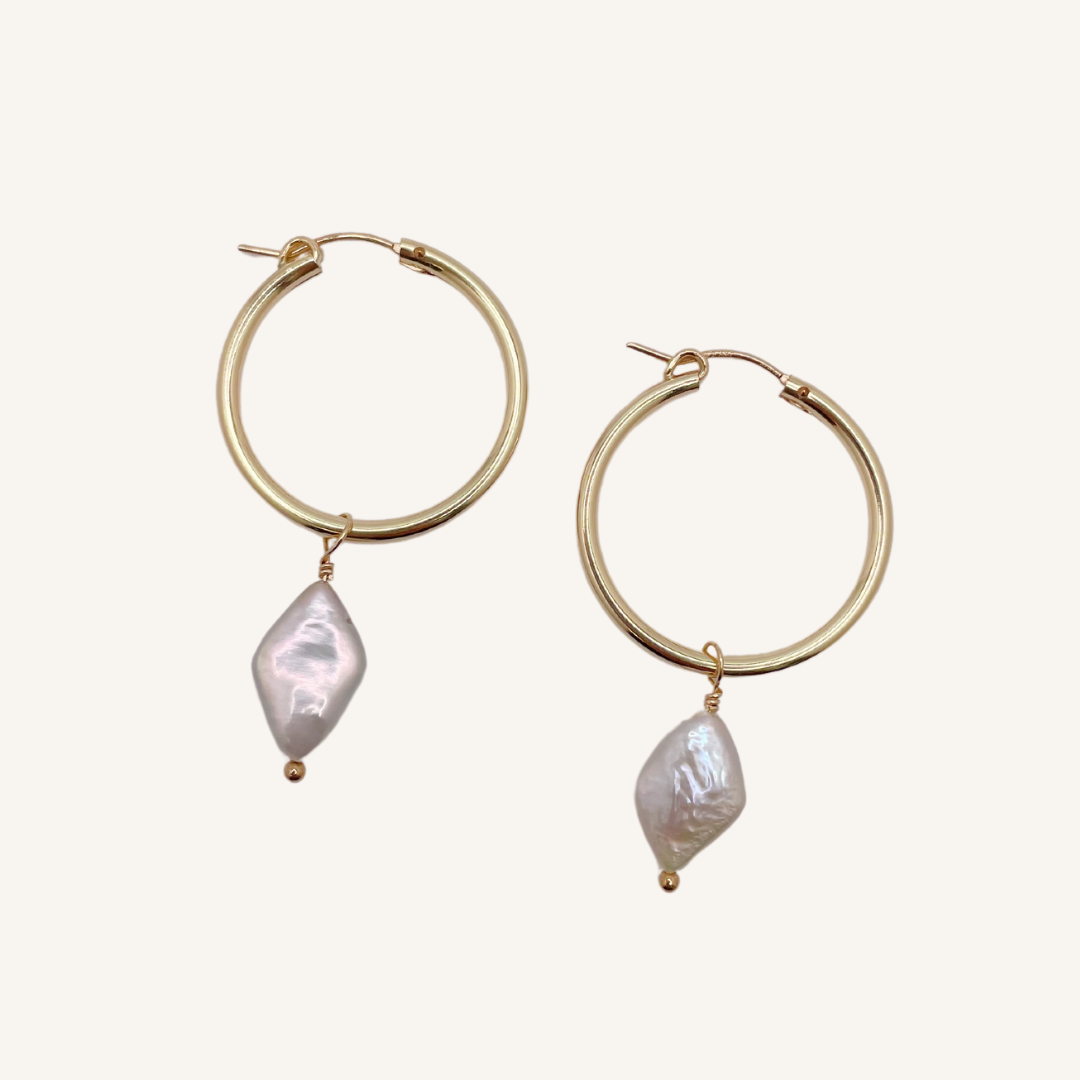 Diamond Shaped Pearl Hoops