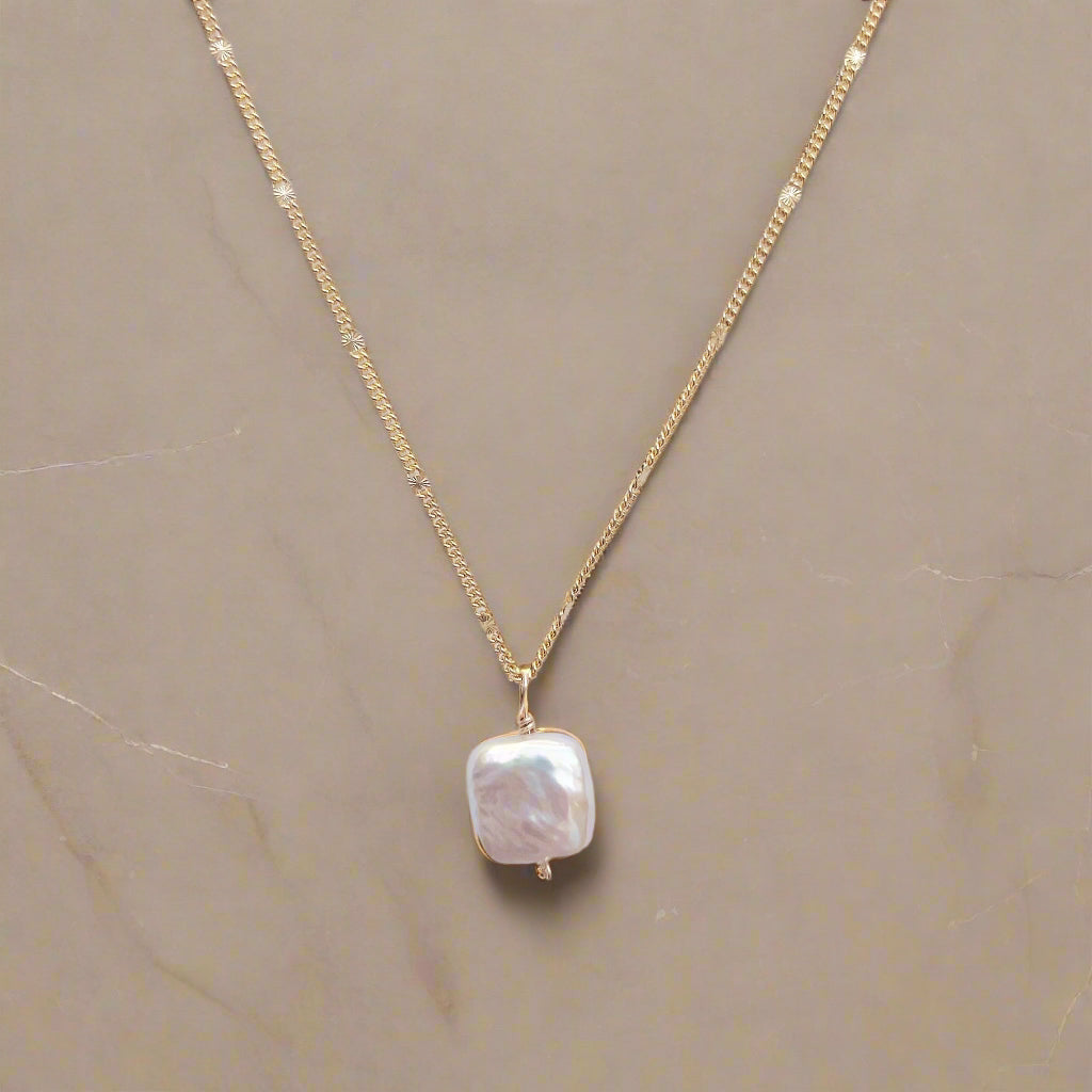 Gold Square Pearl Necklace