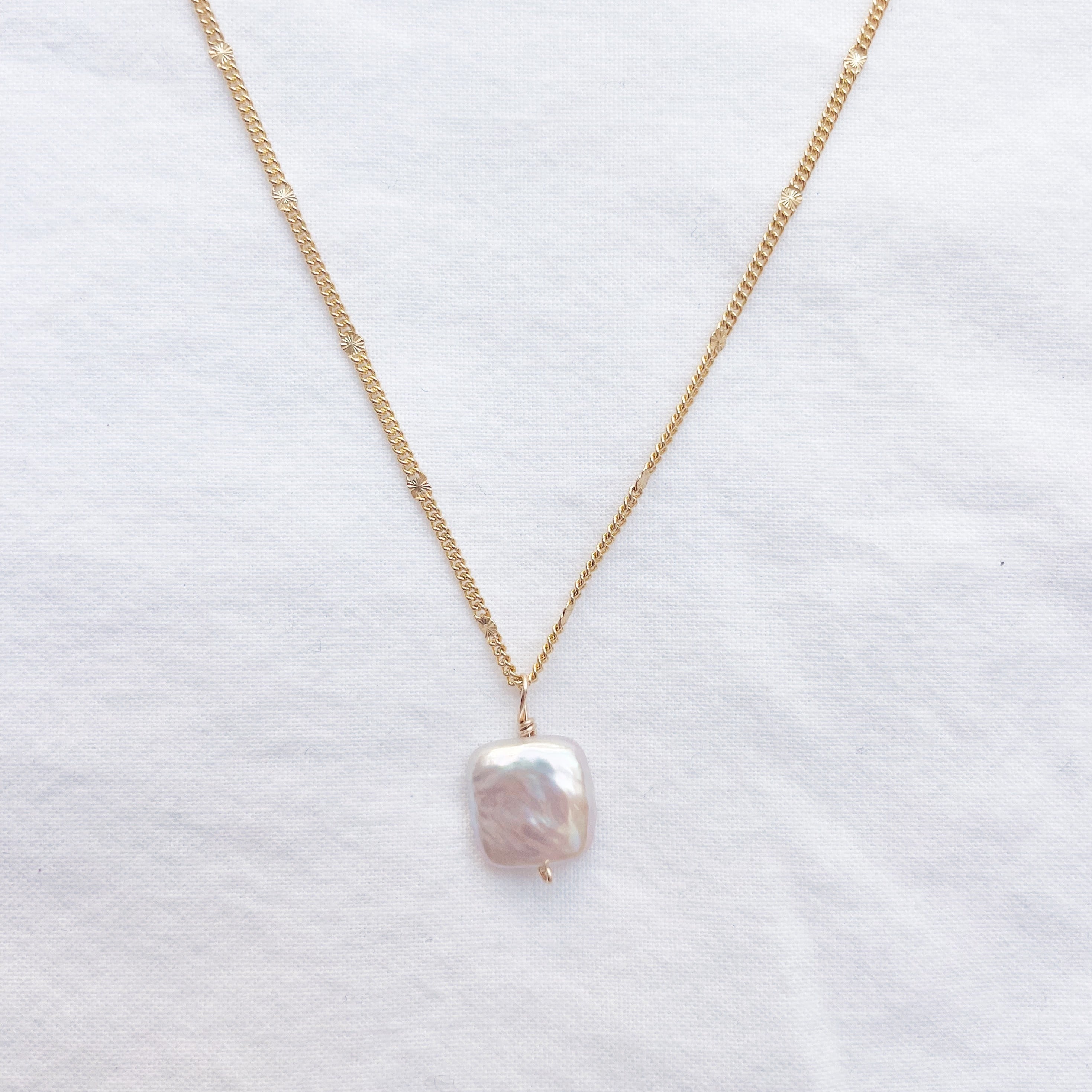 Gold Square Pearl Necklace
