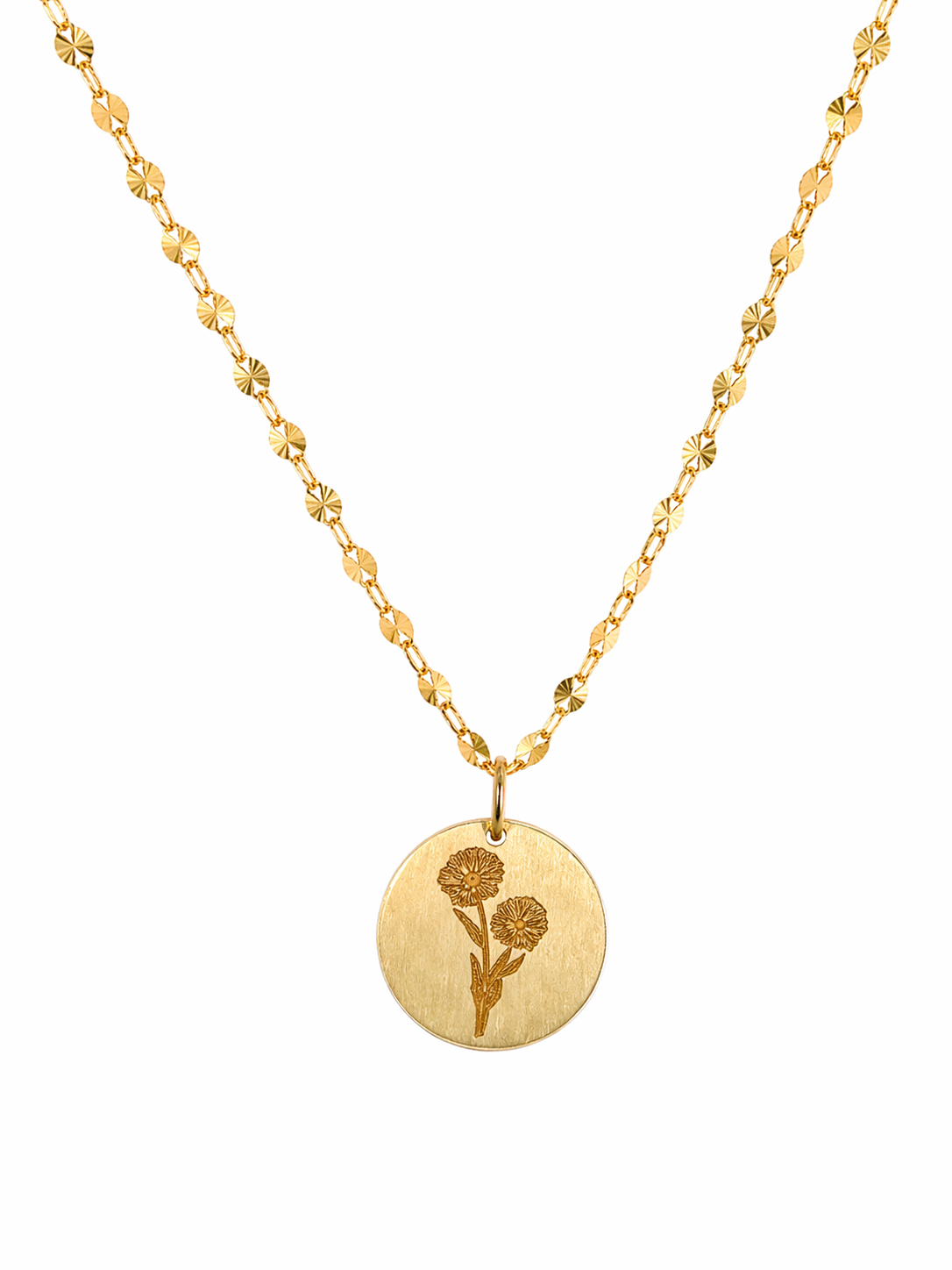 Gold April birth flower necklace with a round pendant 