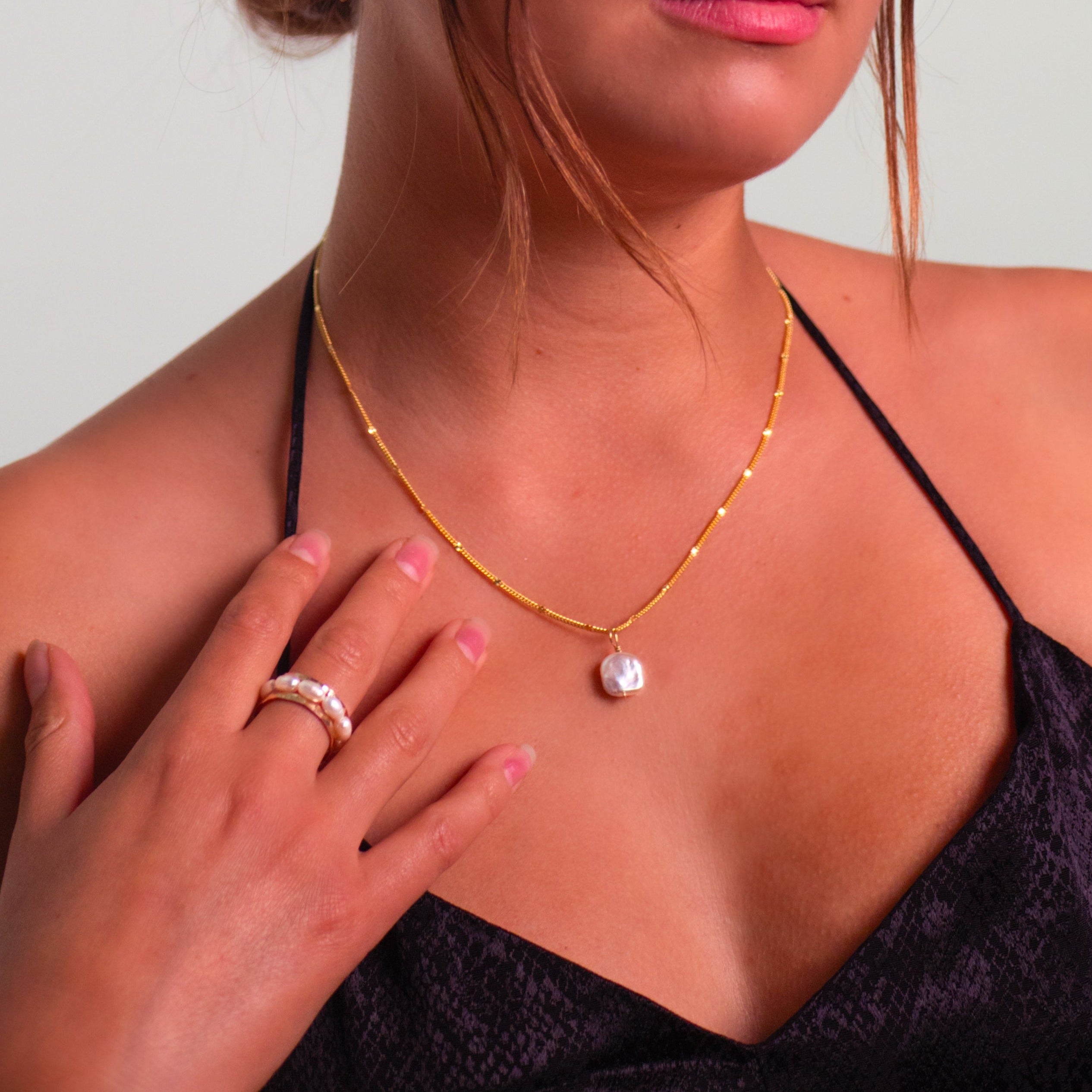 Gold Square Pearl Necklace