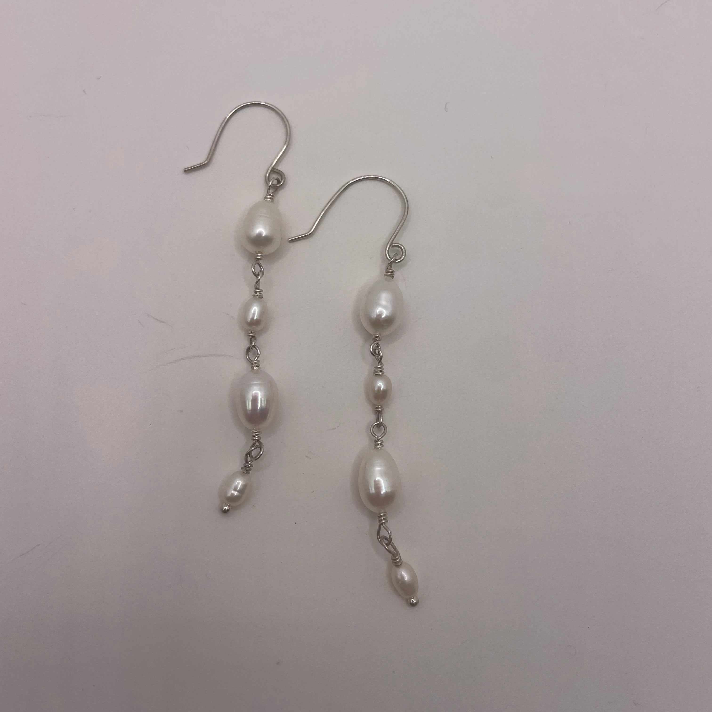 Alternating Oval and Rice Pearl Dangle Earrings