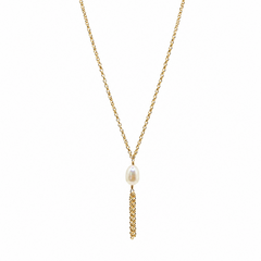 A thick gold chain necklace featuring a single white freshwater pearl pendant, with a vertical textured gold drop below it.