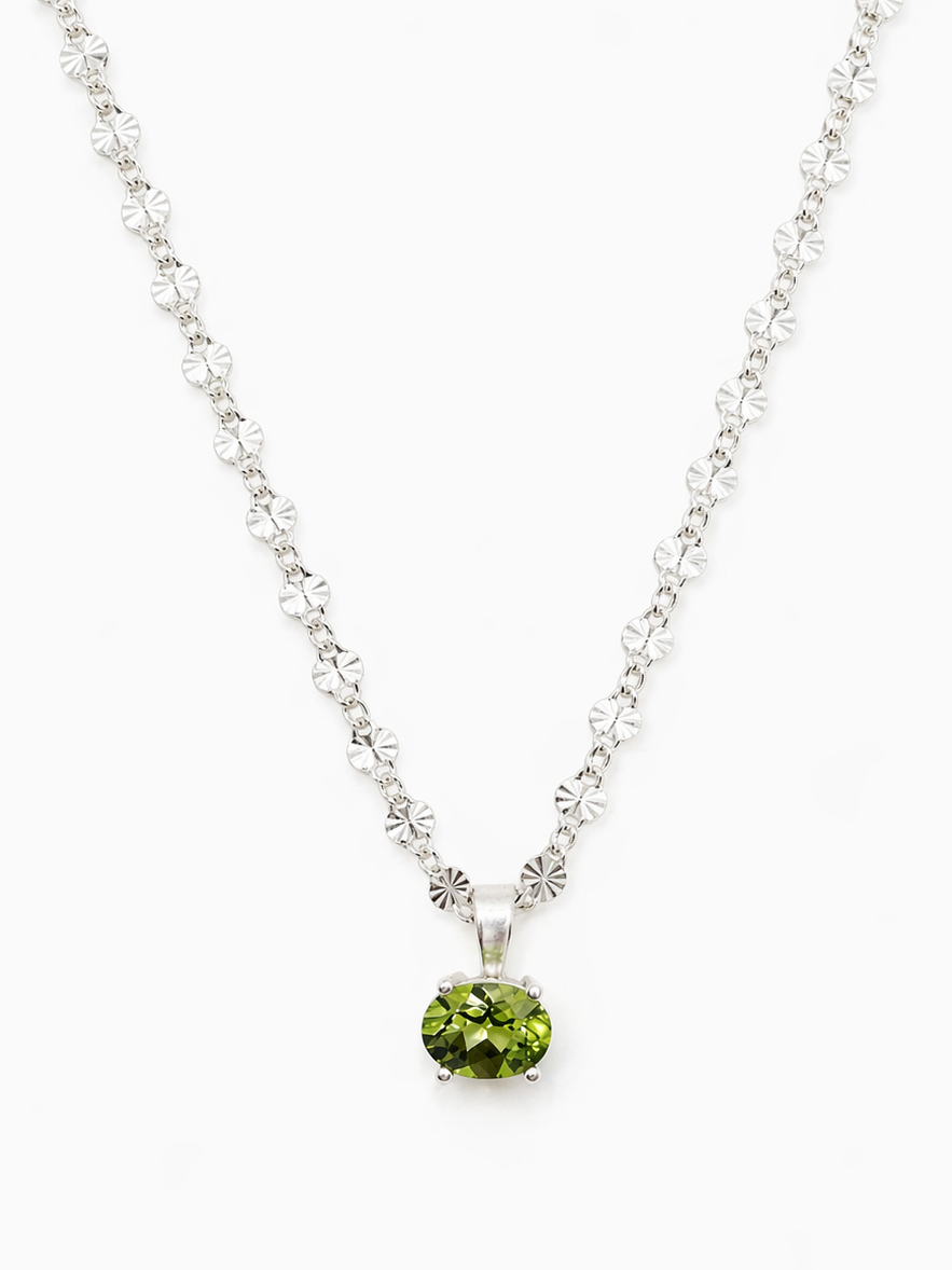 Silver oval shaped peridot necklace