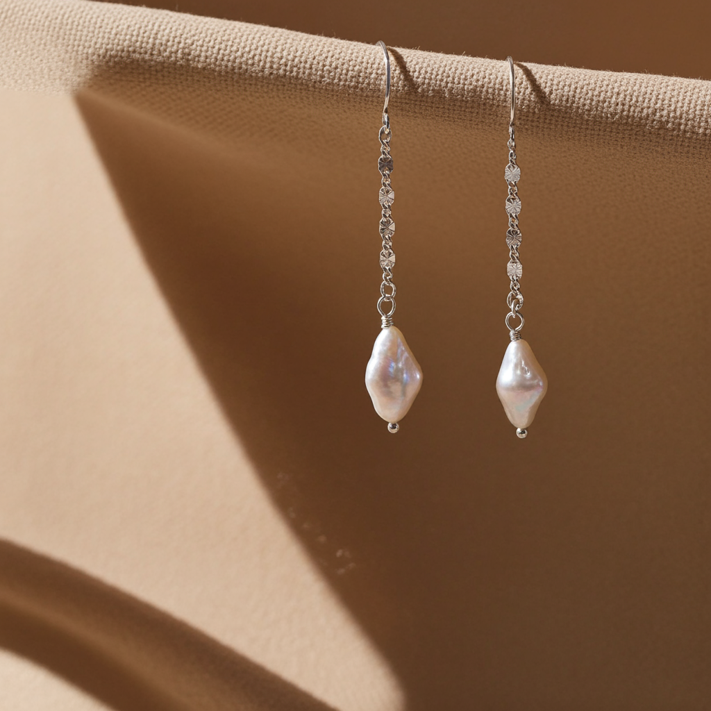 Silver Diamond Shaped Pearl & Textured Chain Earrings