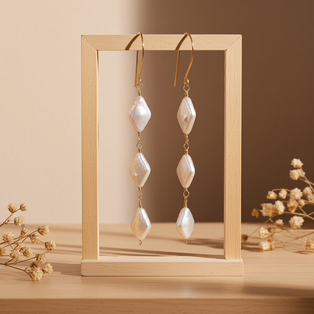 Triple Diamond Shaped Pearl Earrings