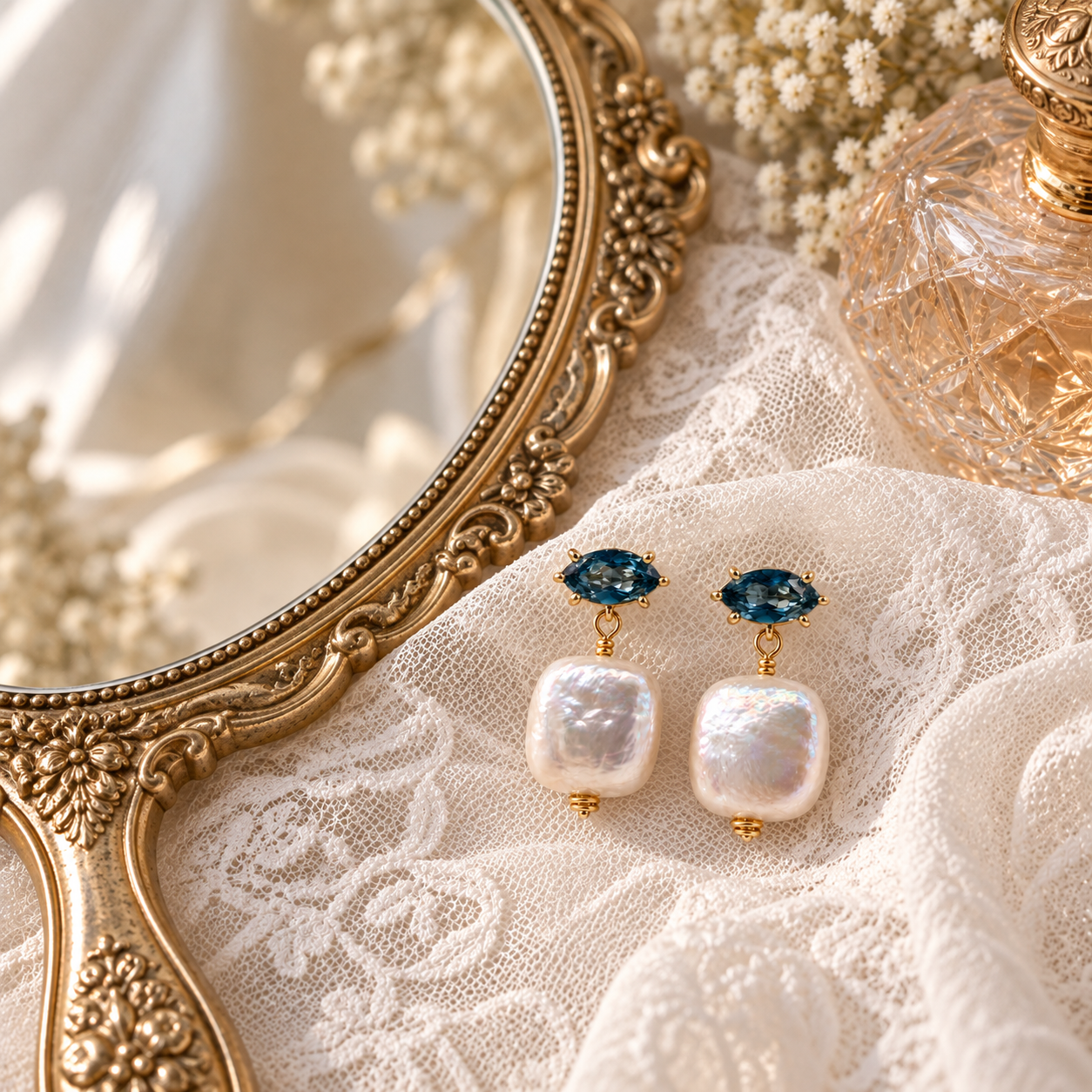 10K Gold London Blue Topaz & Pearl Bridal Earrings | Something Blue