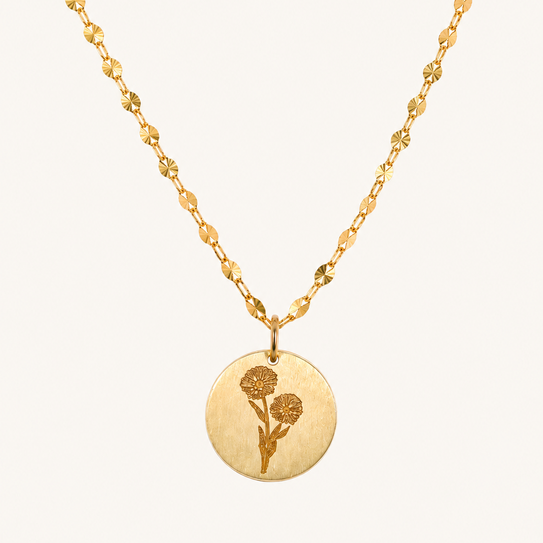 gold chain with custom birth flower engraved pendant