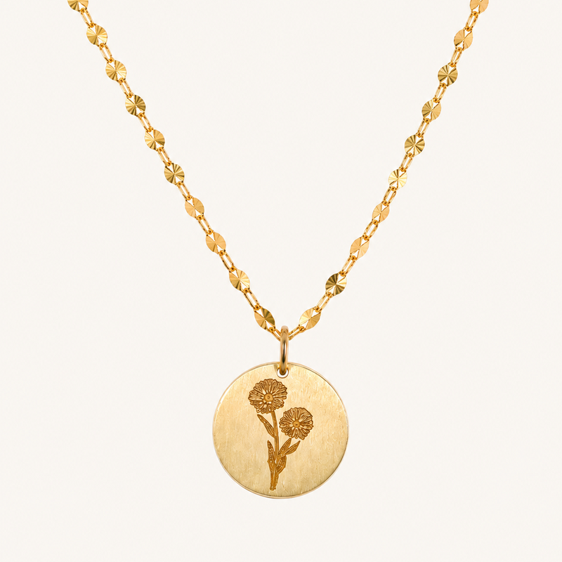 gold chain with custom birth flower engraved pendant
