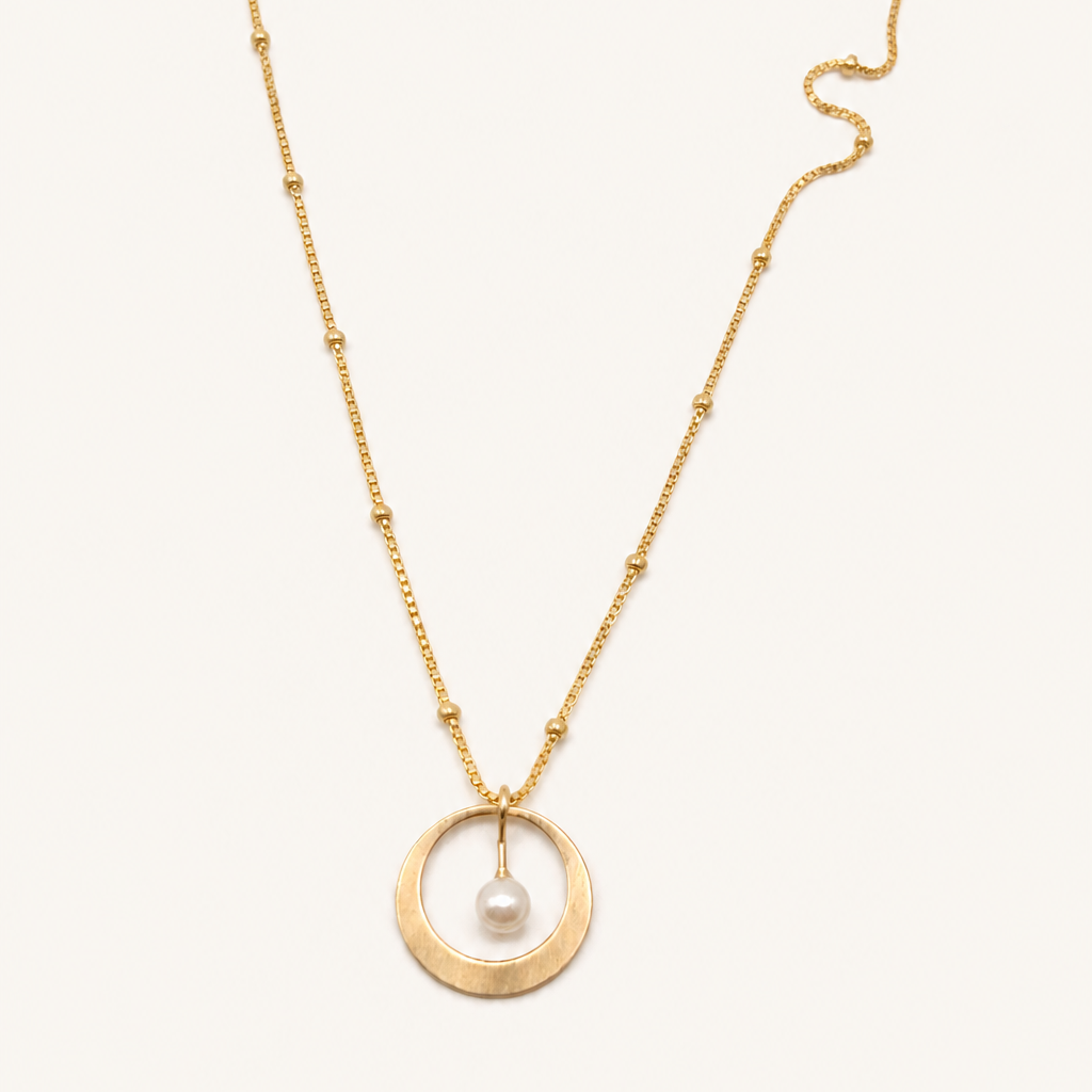 gold box and ball chain with gold and pearl pendant