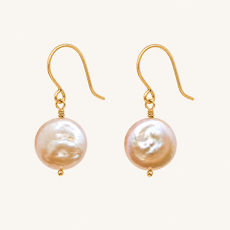 gold drop earrings with pink colored freshwater coin pearls