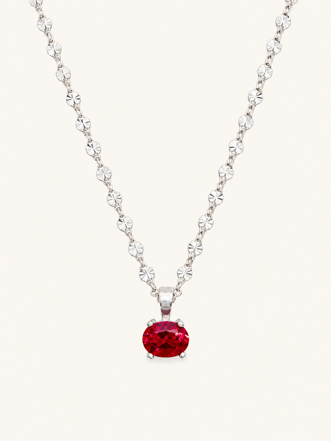 silver chain with lab grown oval ruby pendant