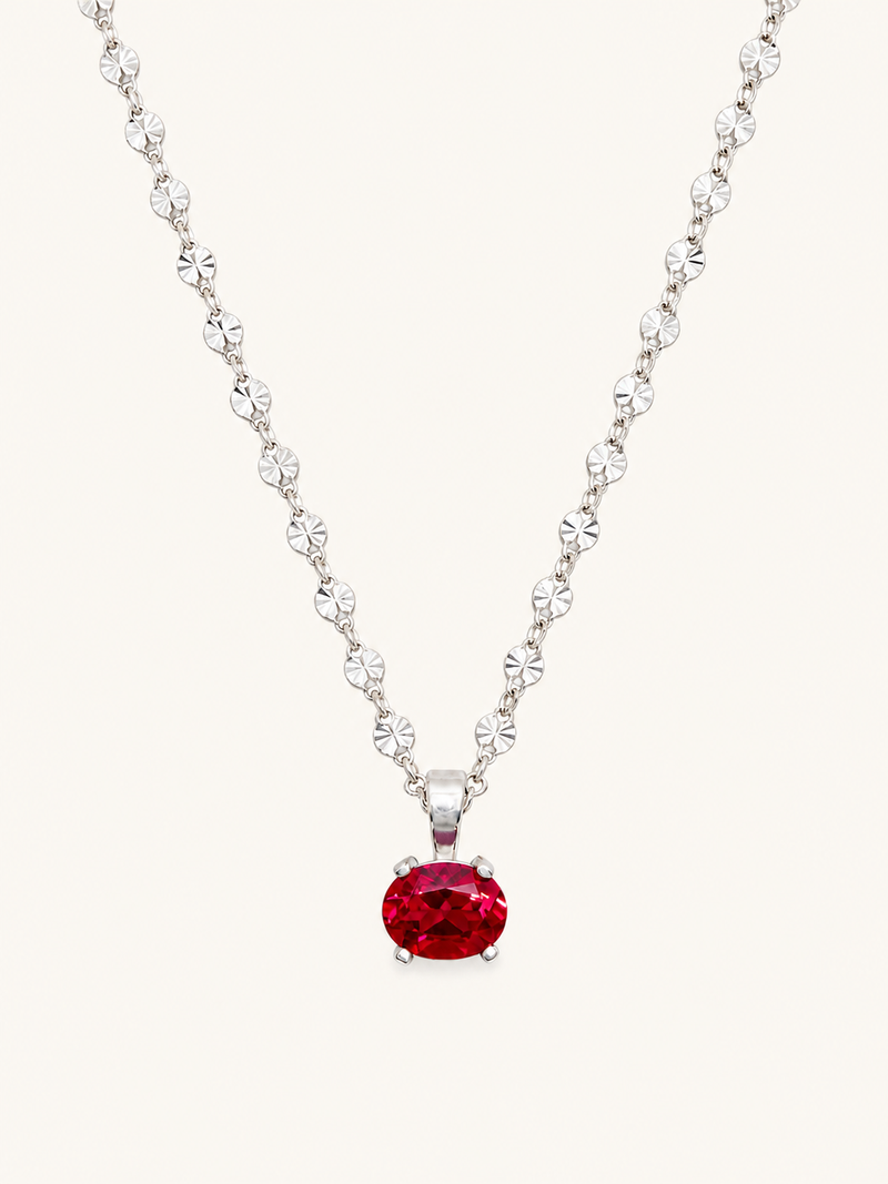 silver chain with lab grown oval ruby pendant